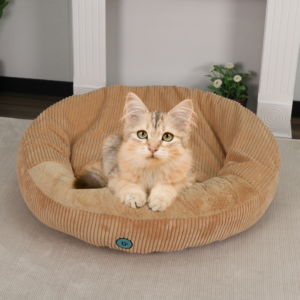 Cat resting inside the StayZzz Hide-Out Calming Bed with plush interior and corduroy exterior-68051-68052-68053