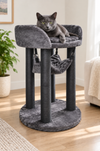 Bono Fido Plateau Charcoal Cat Scratching Post with cat resting on top bed 26035