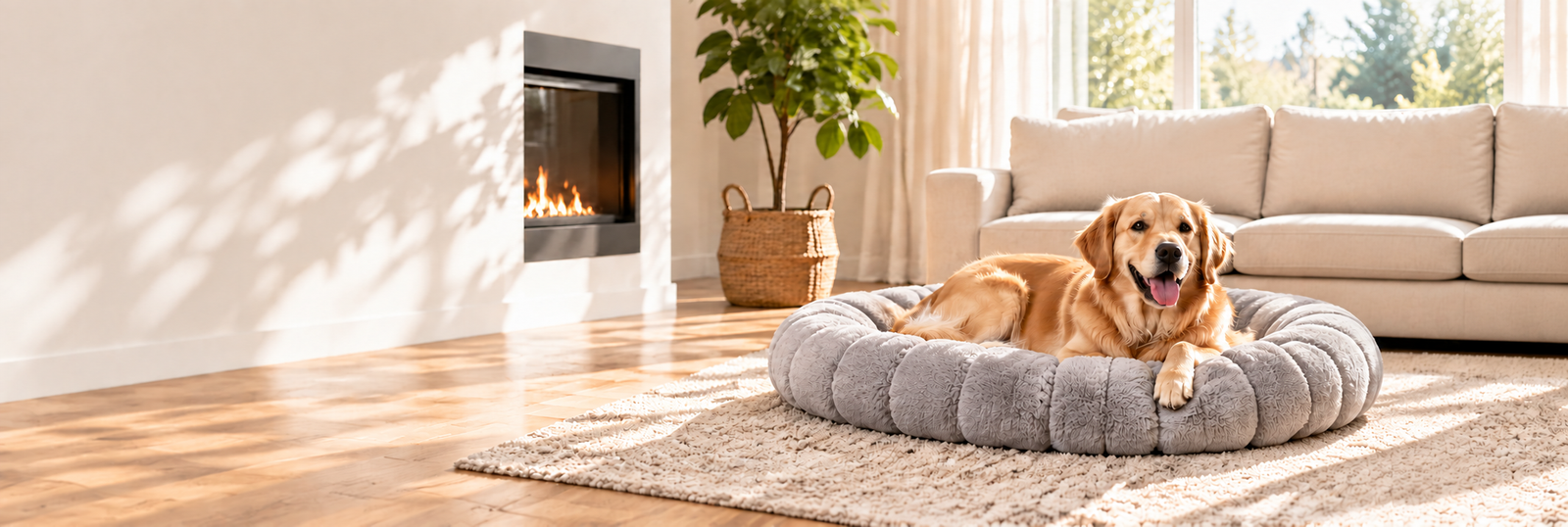 Golden Retriever relaxing in a comfortable dog bed