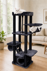 Bono Fido Plateau II Charcoal Cat Tree 26037 with multi-level platforms, hammock, tunnel and scratching posts 26037